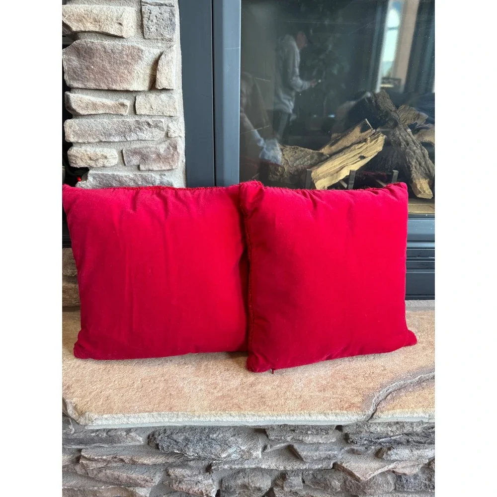 Christmas Decor Santa and Snowman Hand Hooked Throw Pillow Set Red Holiday 15X14